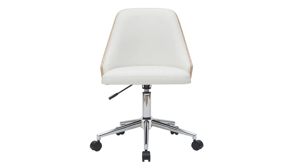 Chaise de bureau à roulettes design blanc, bois clair et acier chromé QUINO