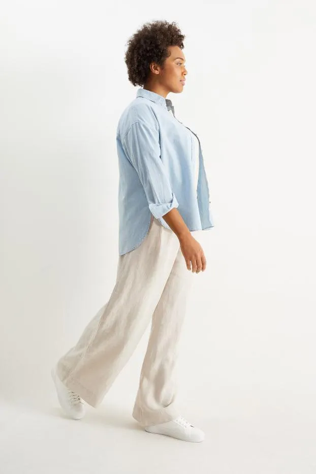 Lněné kalhoty - high waist - wide leg