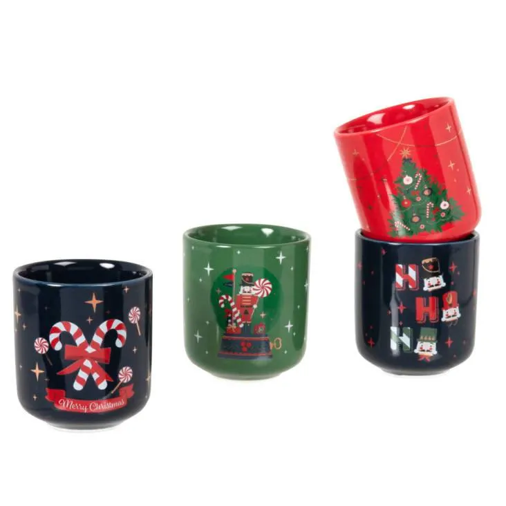 Set di tazze in gres (x4) con motivi natalizi neri, verdi, rossi e dorati