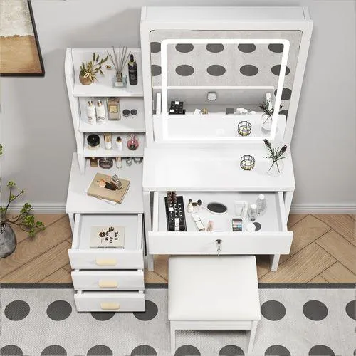MODFU Coiffeuse Avec Tabouret 85x130x36 Cm Avec Miroir LED 3 Modes, 4 Tiroirs, Blanc