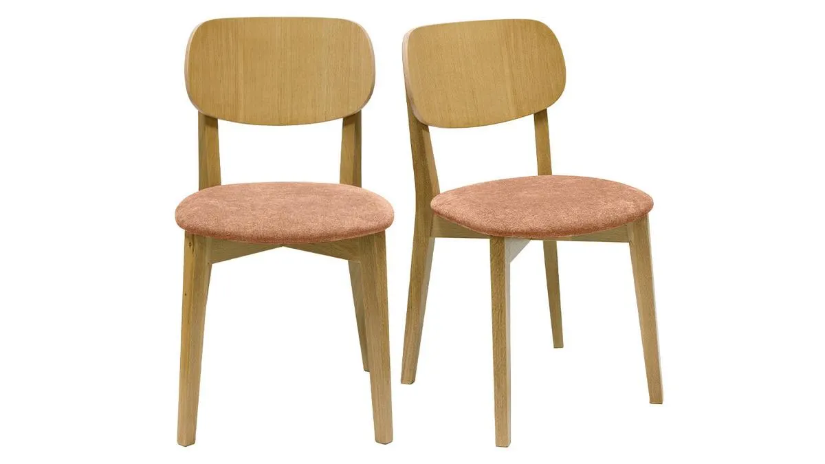 Chaises vintage en bois clair chêne et tissu effet velours terracotta (lot de 2) LUCIA