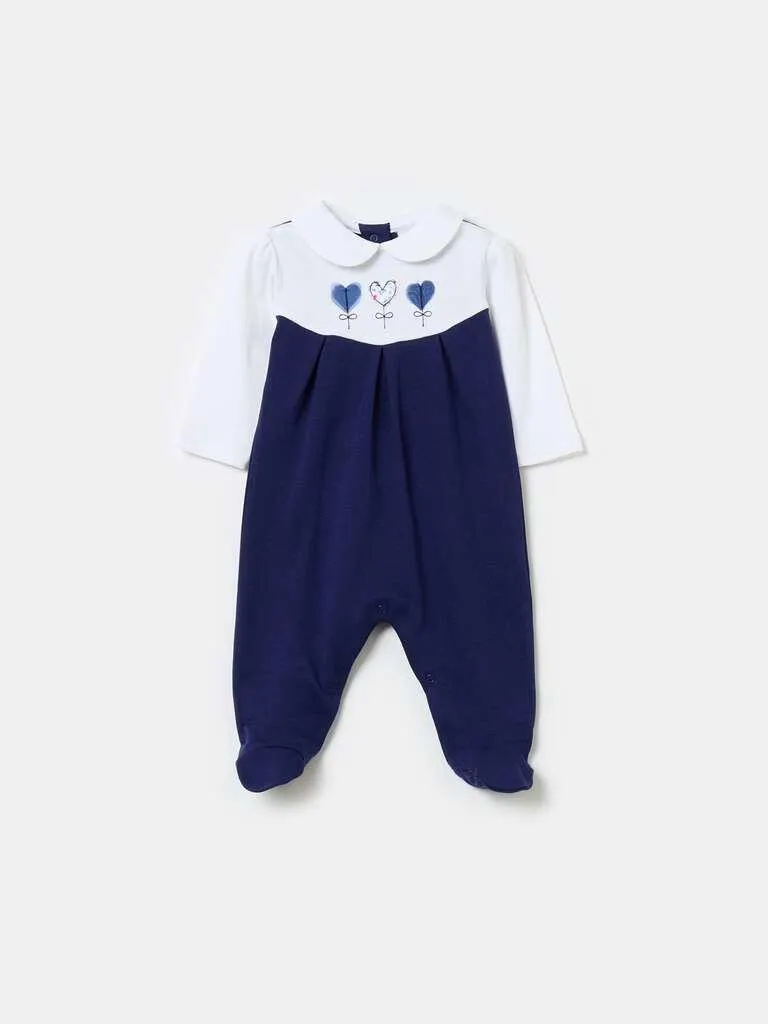 Organic cotton onesie with feet Bleu/blanc