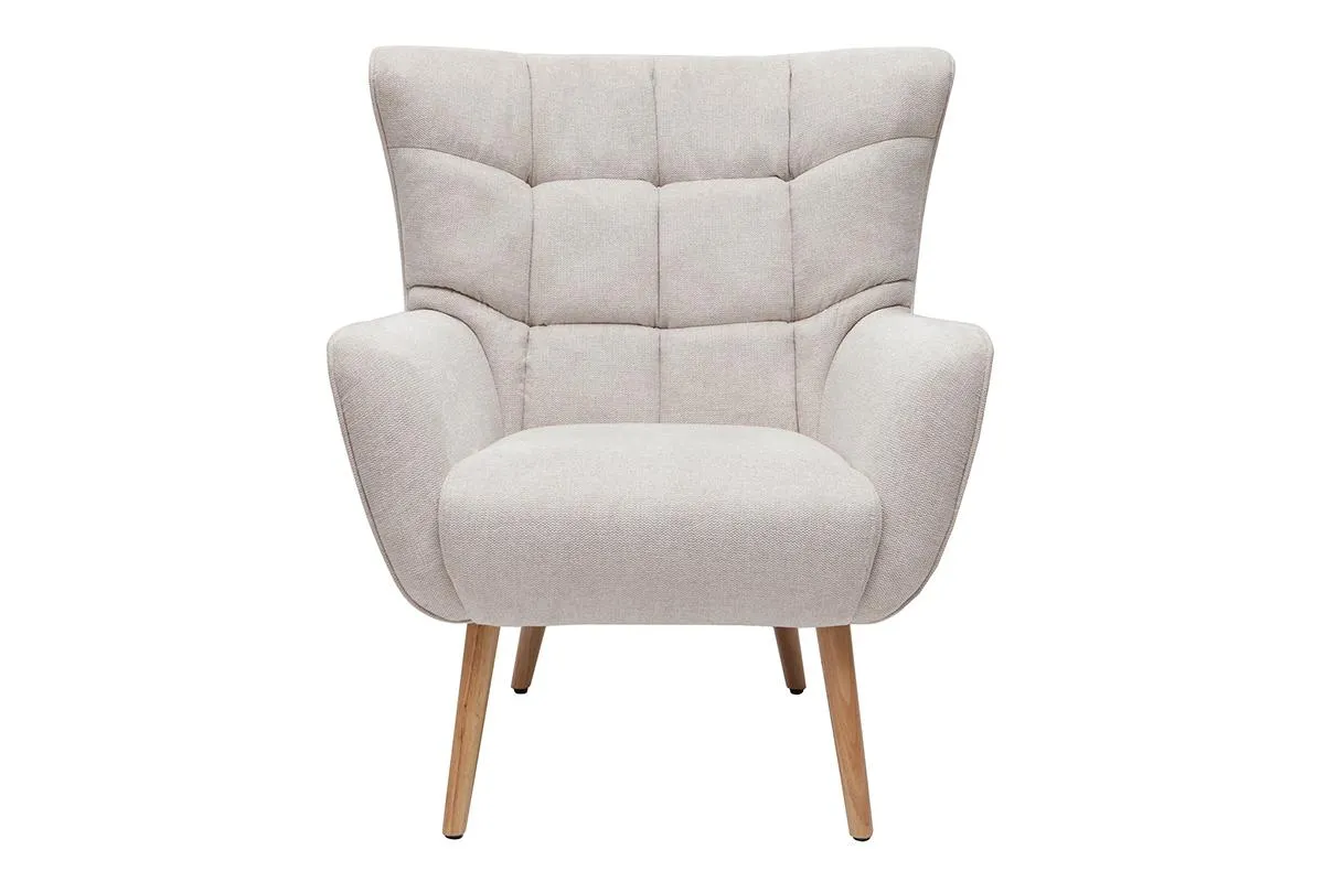 Fauteuil scandinave en tissu effet velours texturé beige et bois clair AVERY