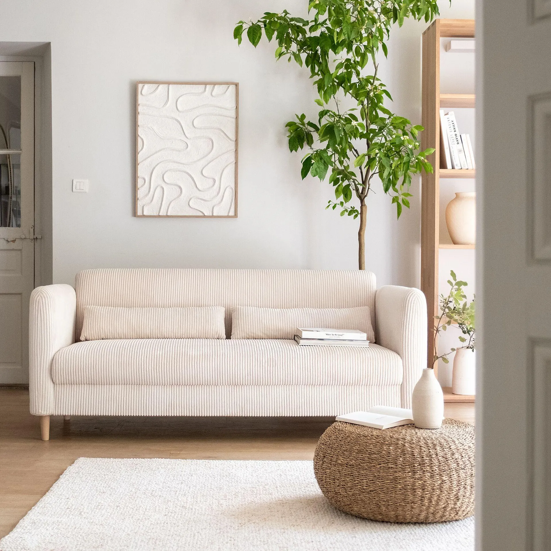 Canapé 3 places fixe en velours côtelé pearl - beige roucas