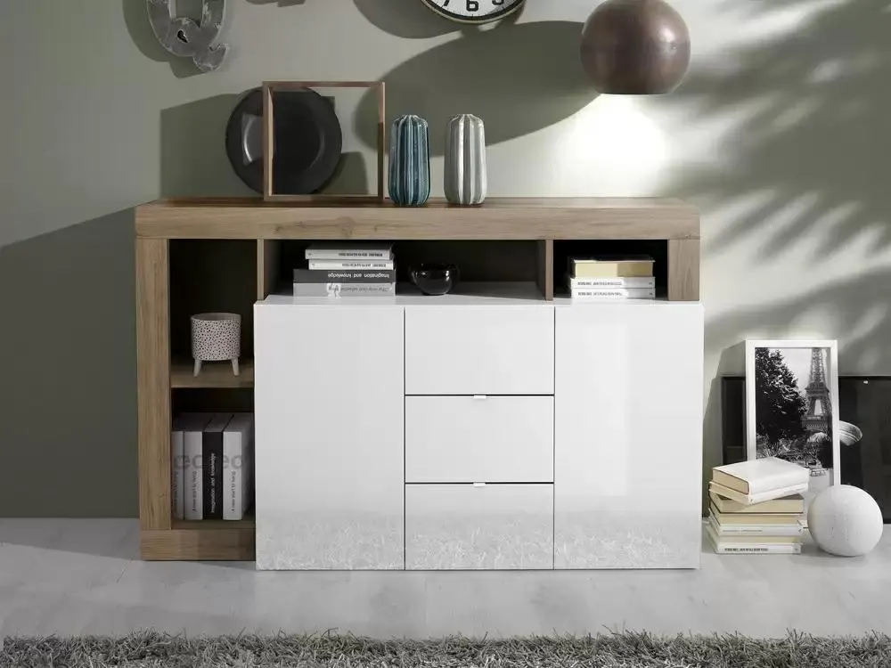 Bahut 2 portes et 3 tiroirs Fribourg laqué blanc/chene