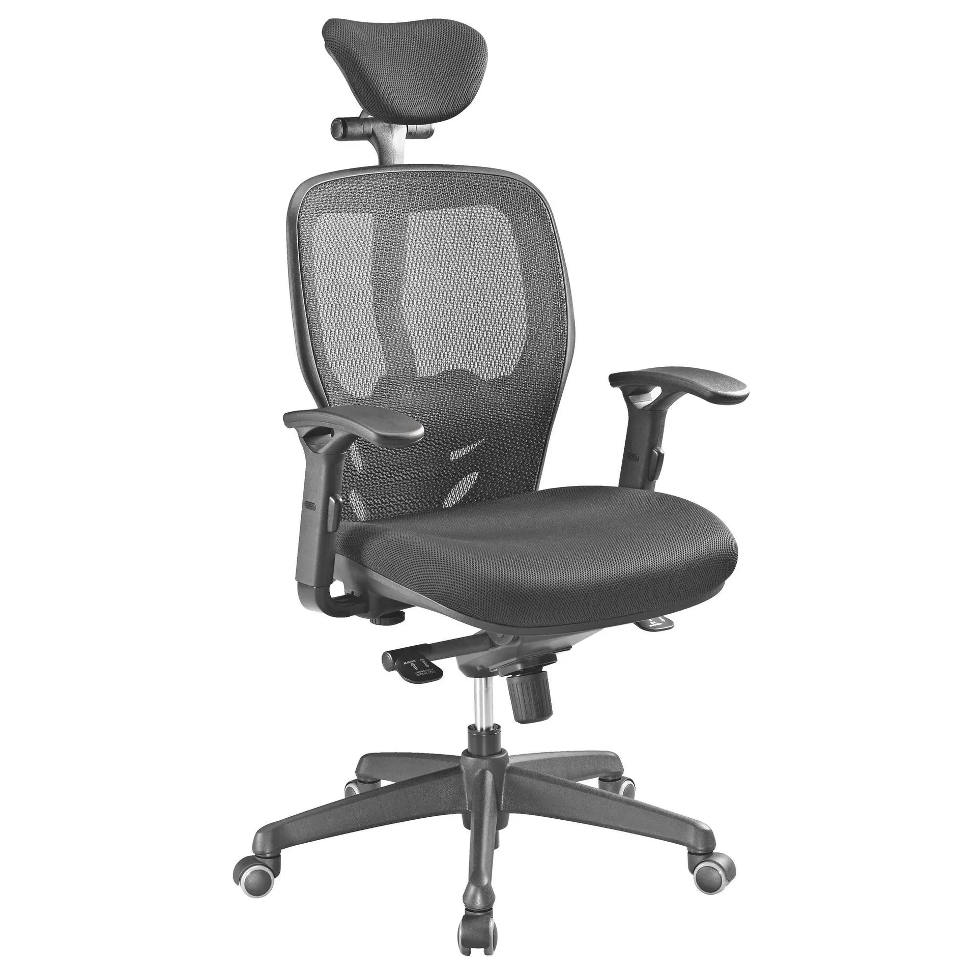 Chaise de bureau Mikado tissu et maille noir - dossier haut accoudoirs appui-tête soutien lombaire - mécanisme Synchrone - pieds noir