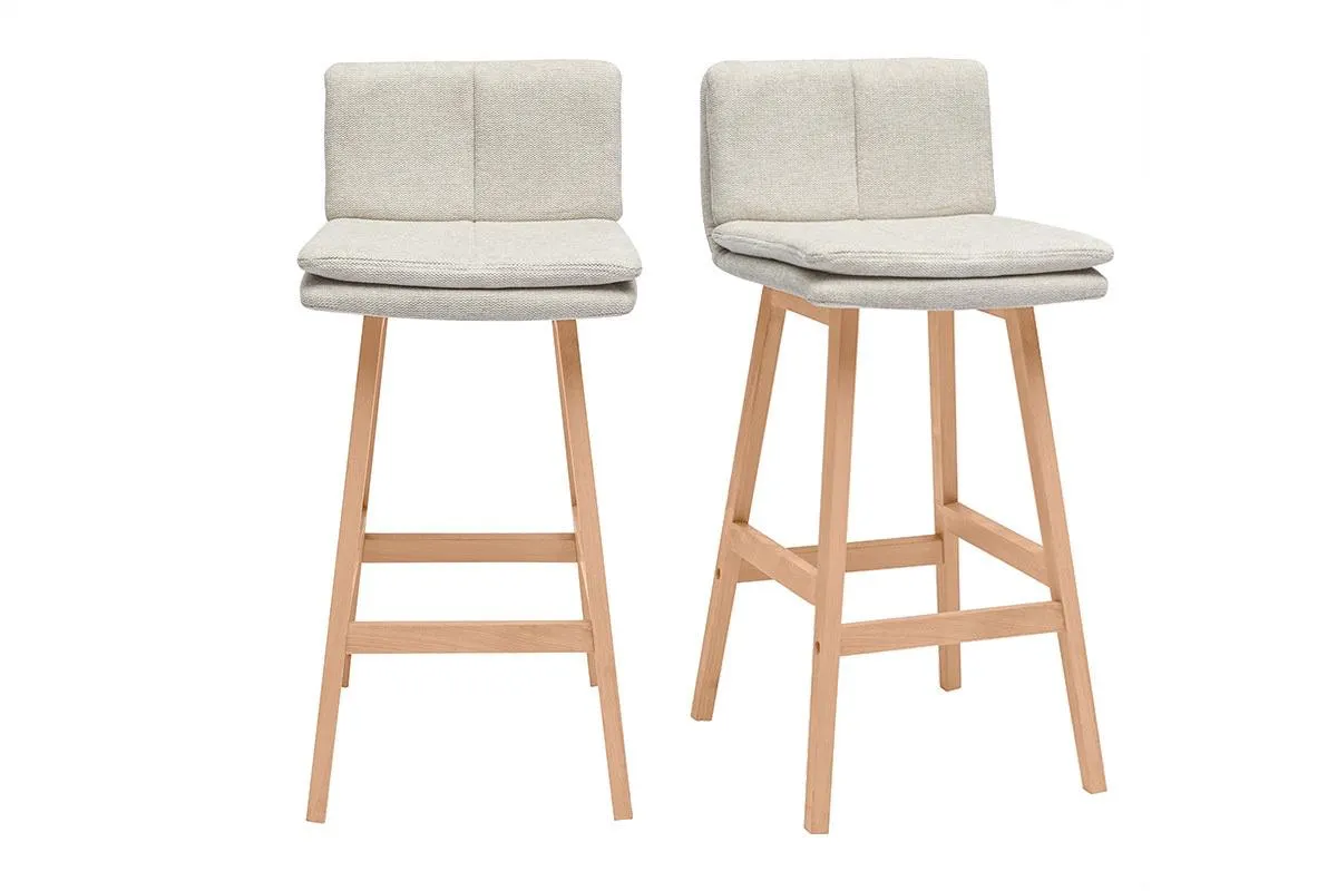 Tabouret de bar en tissu effet velours texturé beige et bois (lot de 2) JOAN