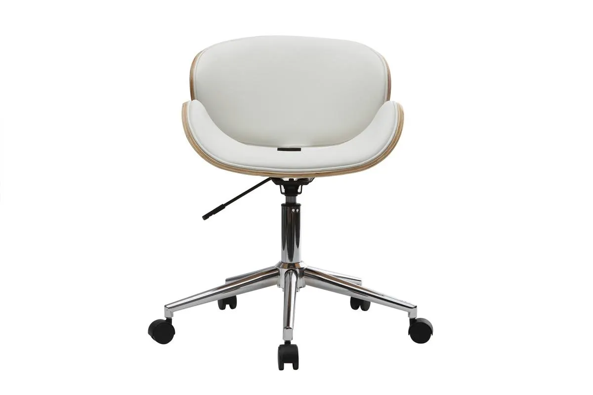 Chaise de bureau à roulettes design blanc, bois clair et acier chromé WALNUT