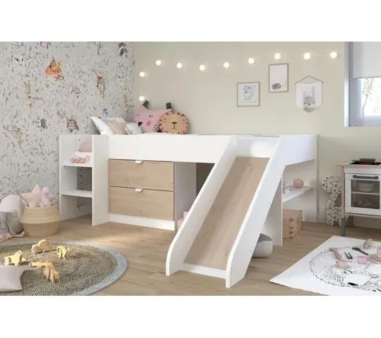Lit 90x200 cm avec 2 tiroirs et un toboggan TOBO blanc et imitation chêne