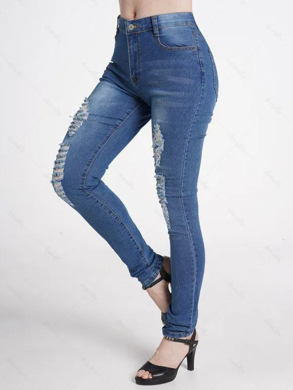 Jean Crayon Déchiré Zippé en Denim Délavé