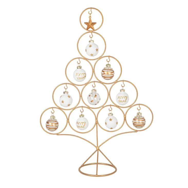 Albero di Natale in metallo con palline in vetro bianche e oro alt. 36 cm