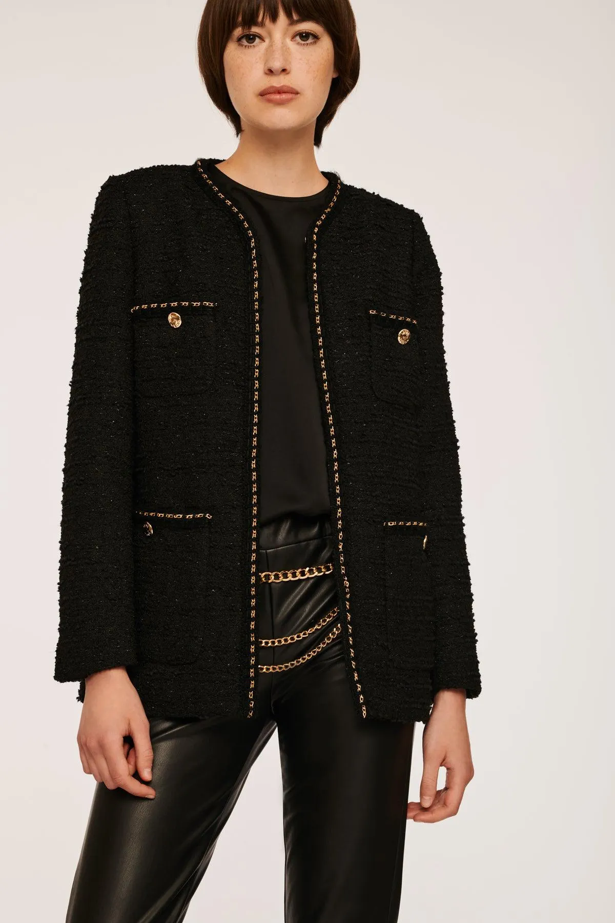 Veste longue en tweed à galon chaîne