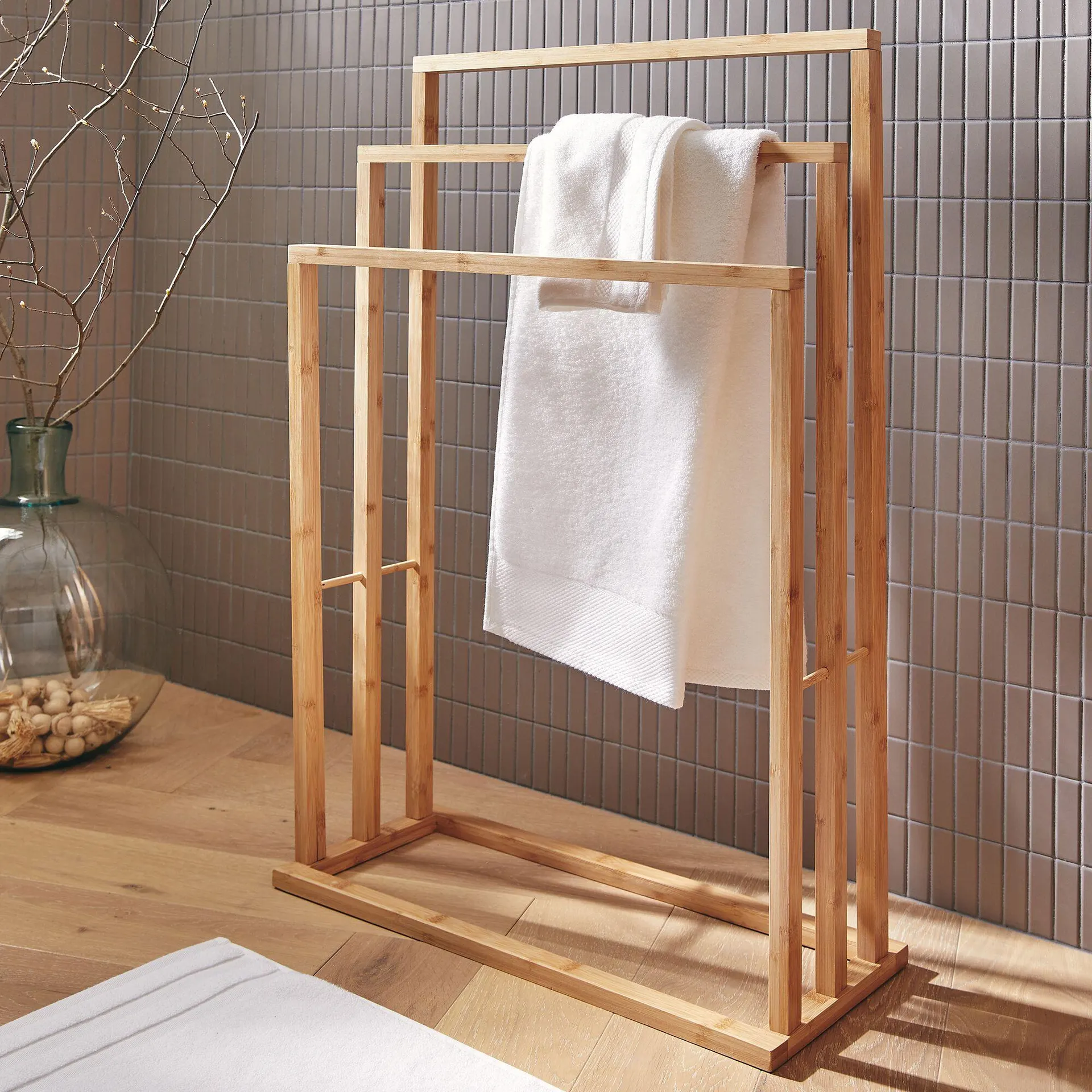 Porte-serviette triple en bambou - naturel H82cm