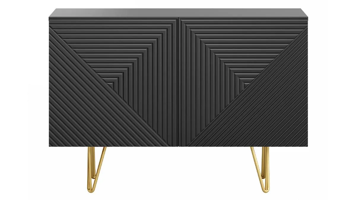 Buffet design gravé noir et métal doré 2 portes L107 cm OZEN