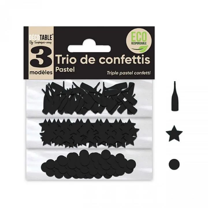 Trio de Confettis noir pur en sachet- Ronds/Etoiles/Coupes