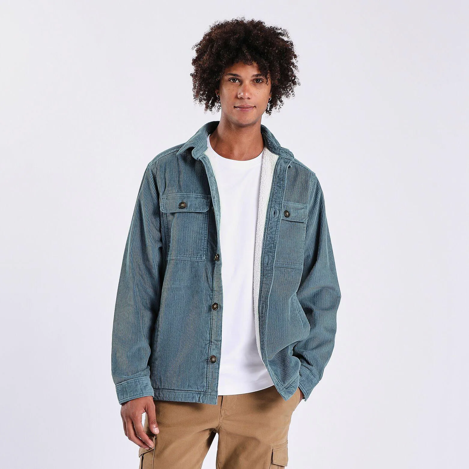 Chemise regular unie velours doublure en sherpa - Bleu moyen