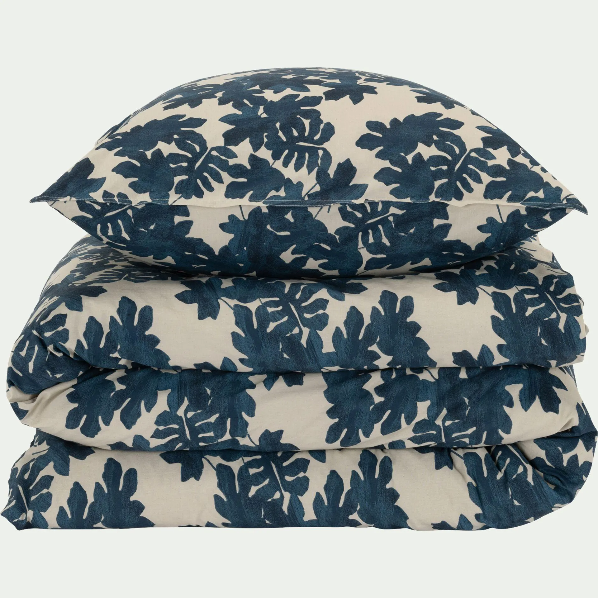 Housse de couette 260x240cm et 2 taies d'oreiller 63x63cm en coton avec motif feuilles - bleu