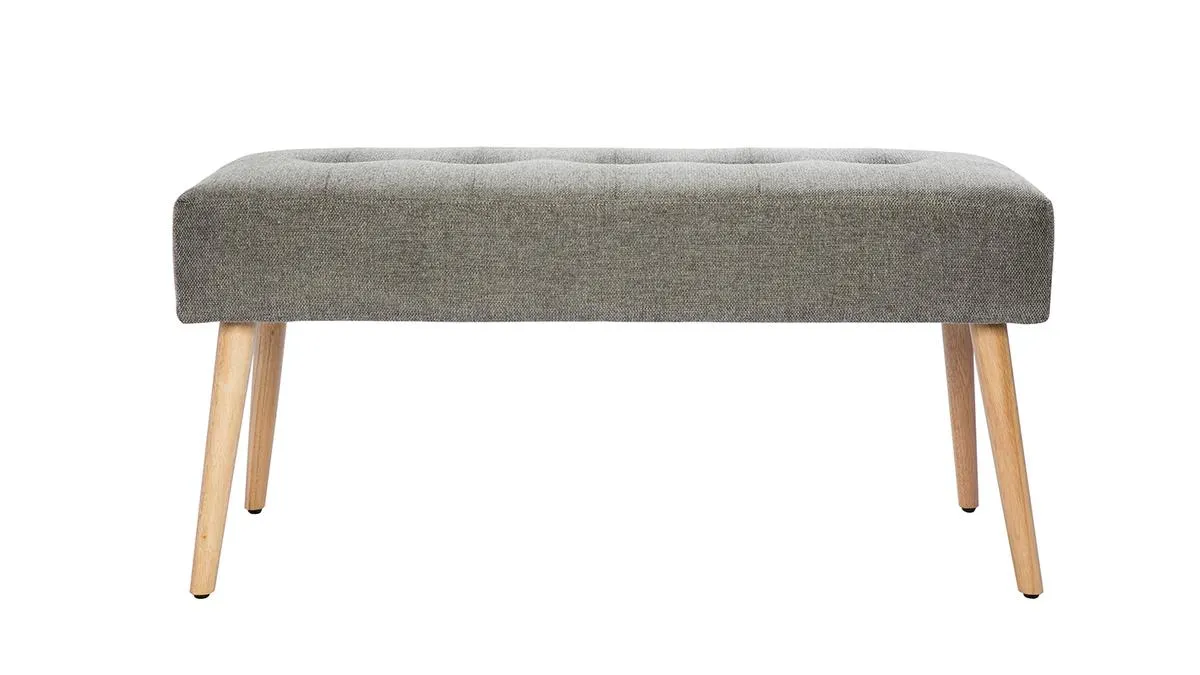 Banc scandinave capitonné en tissu effet velours texturé gris clair et bois clair L96 cm GUESTA
