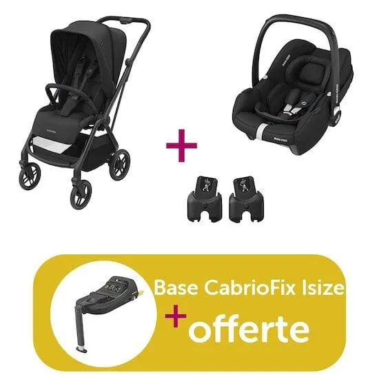 Pack poussette duo Léona 2 Essential Black + coque cabriofix Essential Black + adaptateurs = base CabrioFix i-size offerte de Maxi Cosi