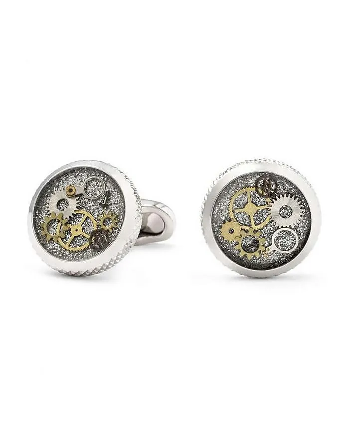 Round Brass Cufflinks w/Clock Gears and Glittered Ground