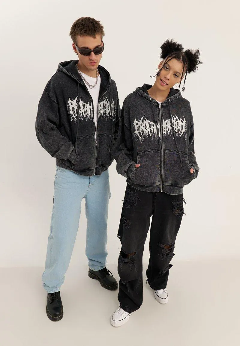 WASHED ZIP-HOODIE UNISEX - Sweat zippé - black