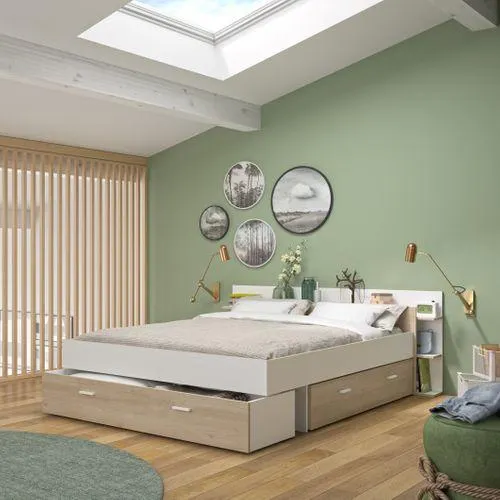 Lit 140x190 cm avec rangements TONIGHT blanc et imitation chêne