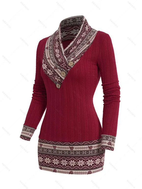 Haut de Noël Tricoté Boutonné Motif Flocon de Neige à Col Châle