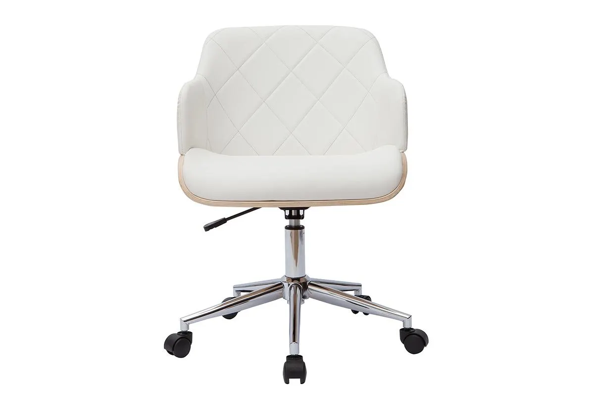 Chaise de bureau à roulettes design blanc, bois clair et acier chromé SANDRO