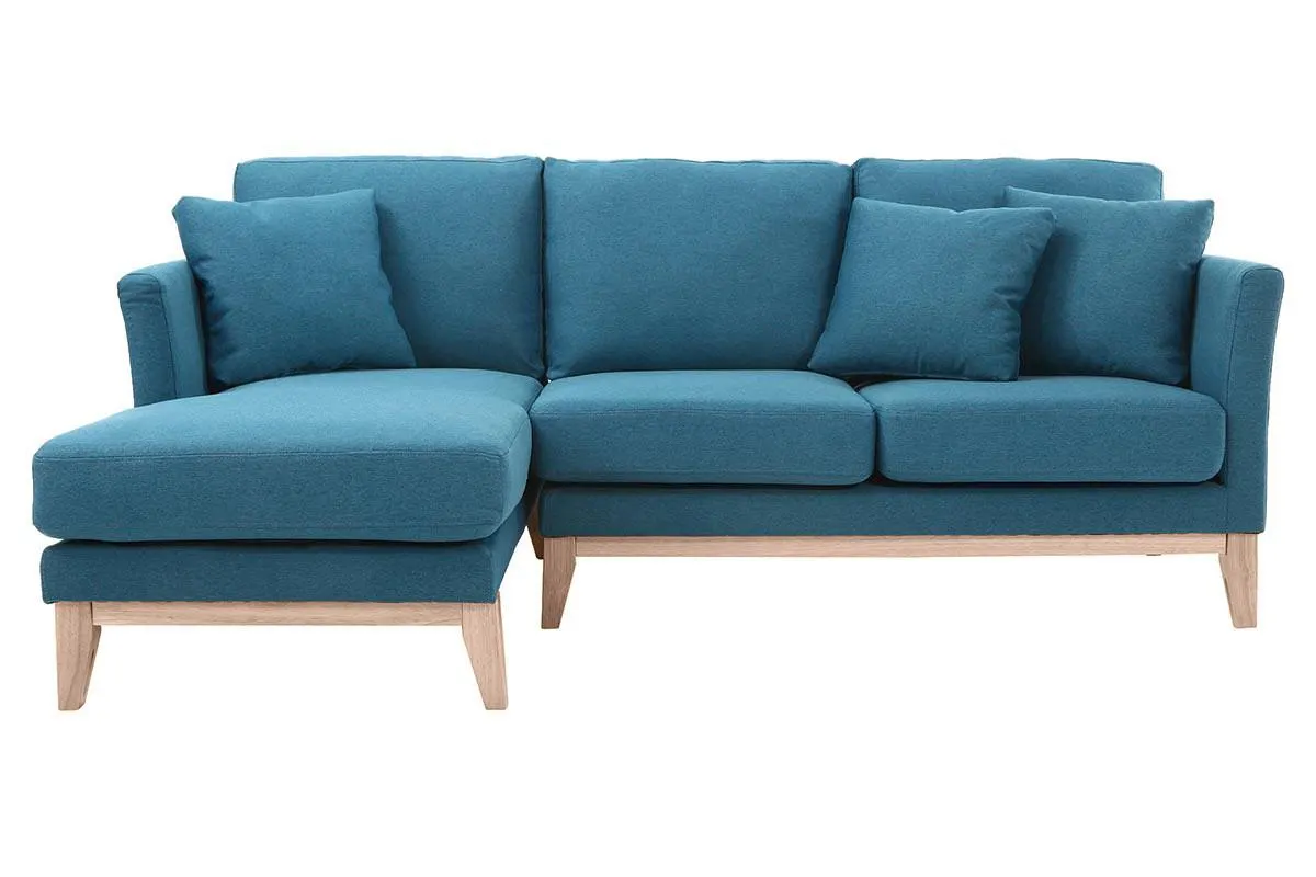 Canapé d'angle gauche scandinave bleu canard déhoussable et bois clair 3-4 places OSLO