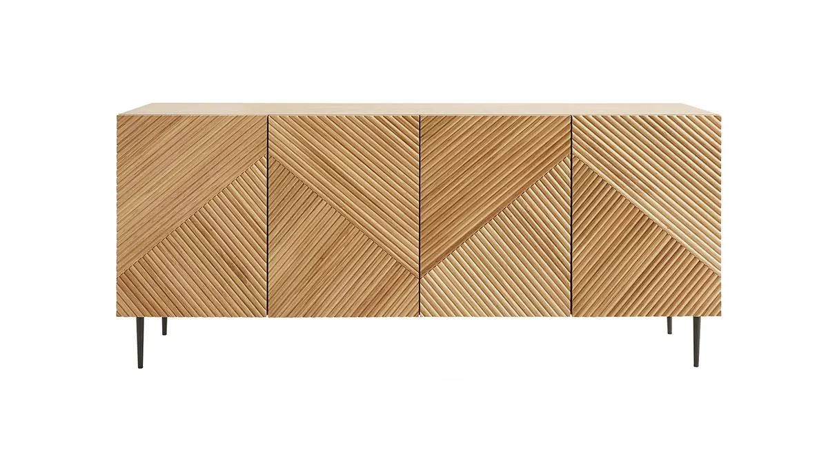 Buffet design en bois clair chêne massif gravé et métal noir 4 portes L180 cm ARCHIPEL