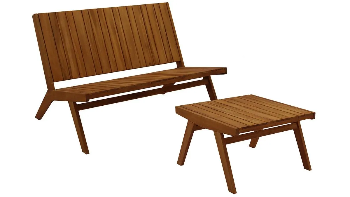 Conjunto de jardín banco de 2 plazas y mesa de centro de madera maciza TIDAK