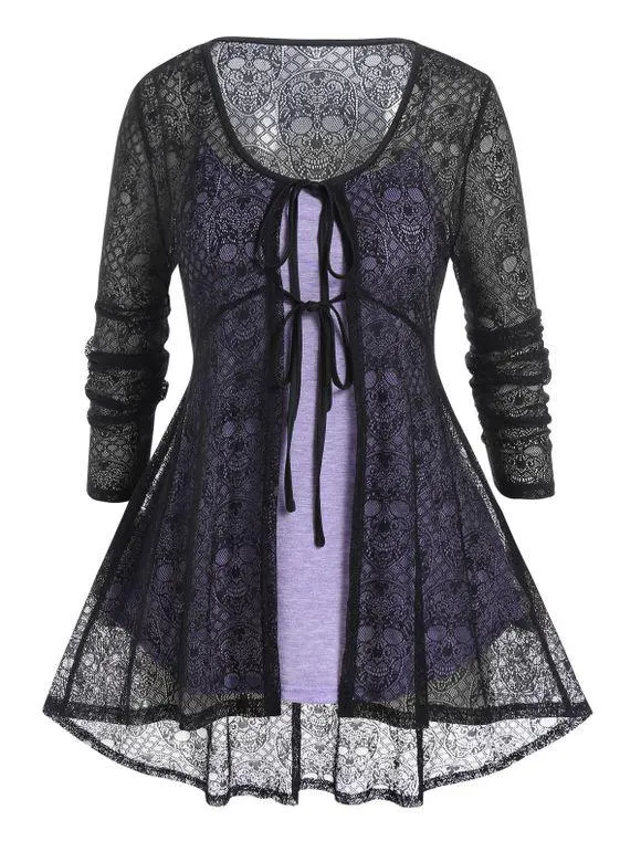 Ensemble de Haut Chiné à Bretelle Noué Grande Taille et de Top Long à Imprimé Crâne