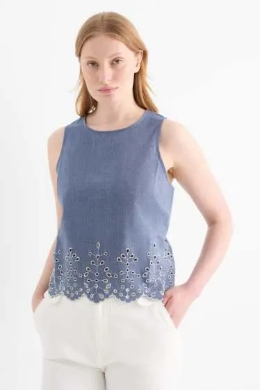 Blouse top - broderie anglaise - denim look