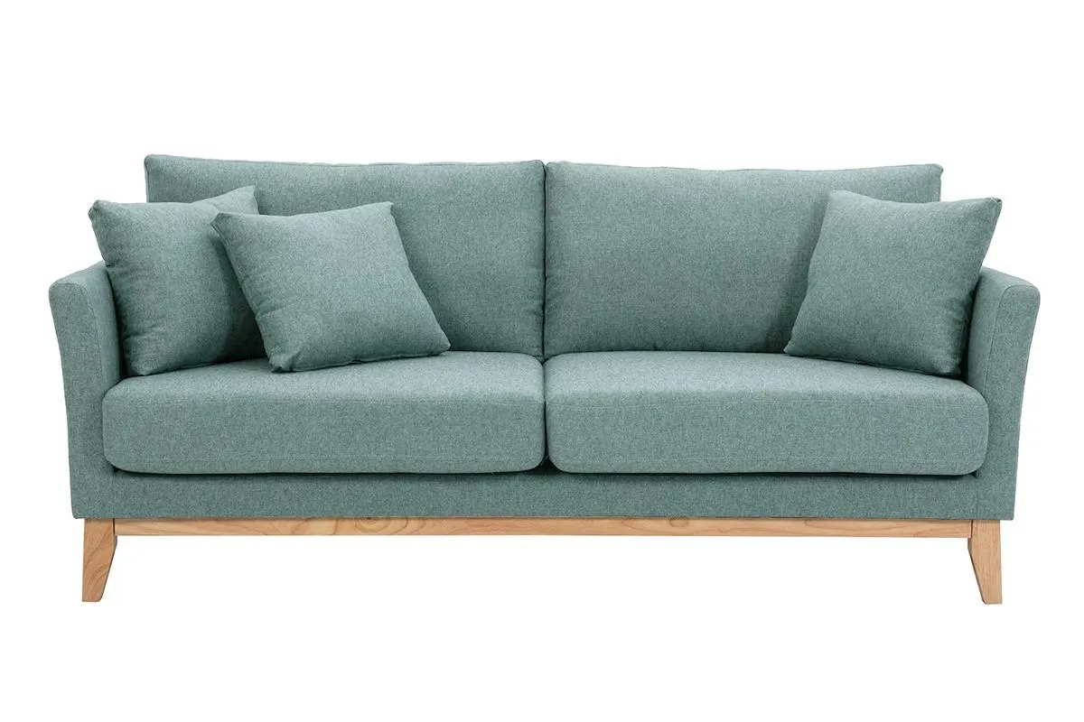 Canapé scandinave déhoussable 3 places en tissu vert de gris et bois clair OSLO