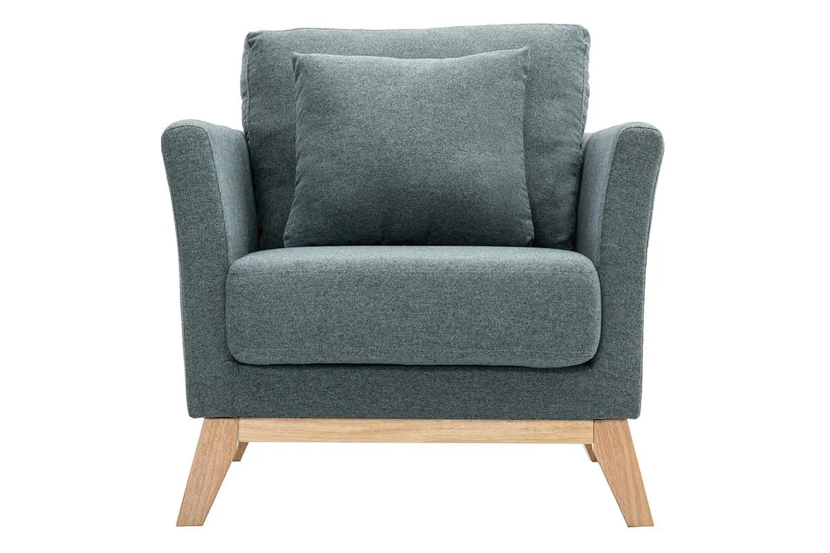 Fauteuil scandinave déhoussable en tissu vert de gris et bois clair OSLO