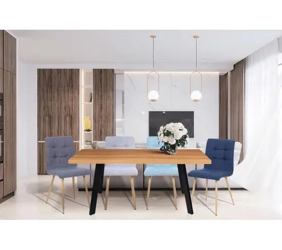 Lot de 4 chaises POKE Tissu simili lin bleu et gris