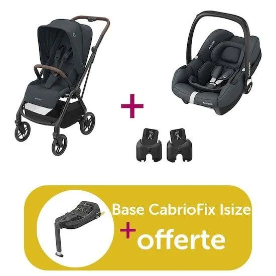 Pack poussette duo Léona 2 Essential Graphite + coque cabriofix Essential Graphite + adaptateurs = base CabrioFix i-size offerte de Maxi Cosi