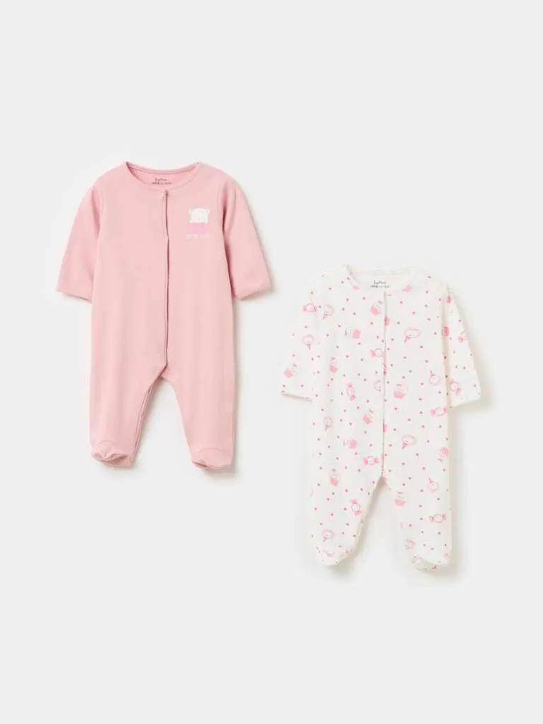 Two-pack onesies in organic cotton with feet Blanc/rose