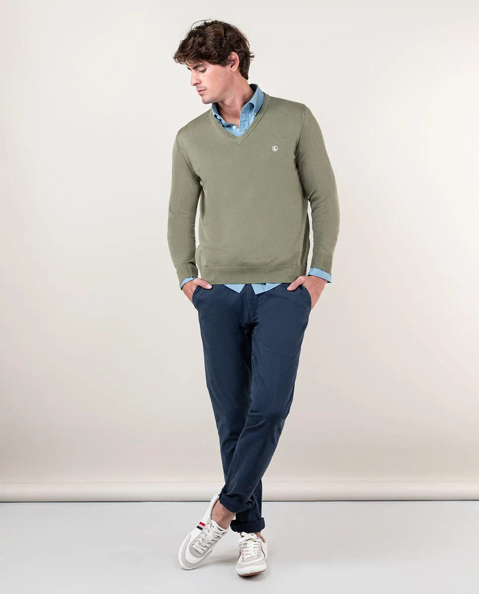 Pull Col V Teint Sur Pièce Vert