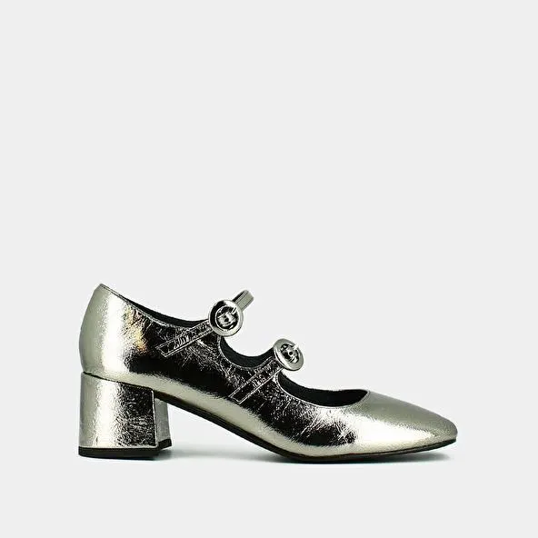 Babies à doubles brides et bouts carrés en cuir métallisé argent foncé