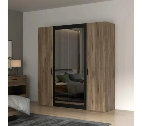 Armoire 4 portes Leonard Imitation chêne et noir