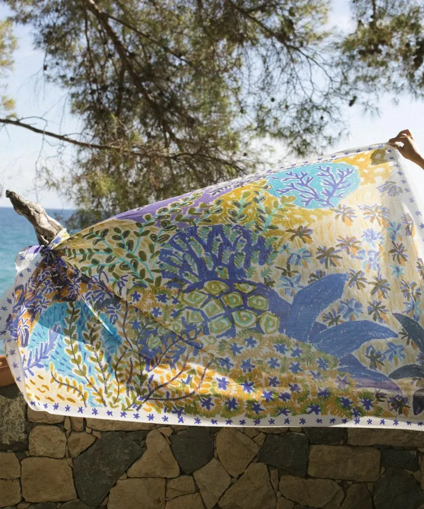 Paréo en voile de coton imprimé Jardin Marin