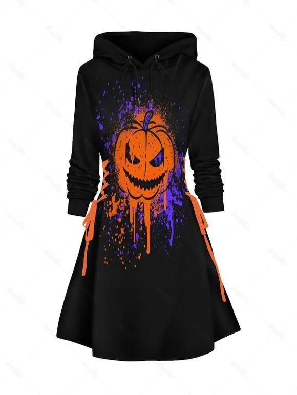 Mini Robe D'Halloween à Imprimé Citrouille et Encre à Lacets