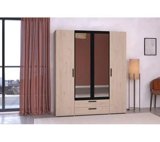 Armoire 4 portes 2 tiroirs DAILY imitation chêne et noir