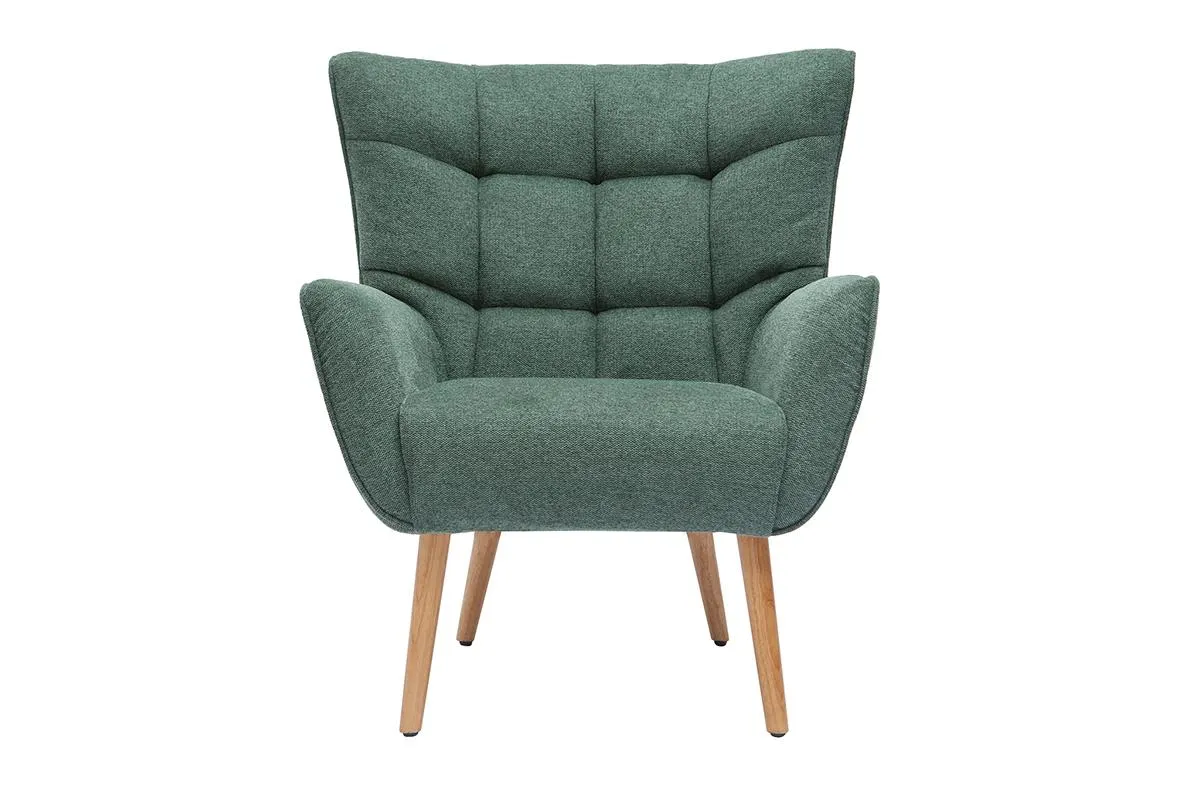 Fauteuil scandinave tissu effet velours texturé vert foncé et bois clair AVERY
