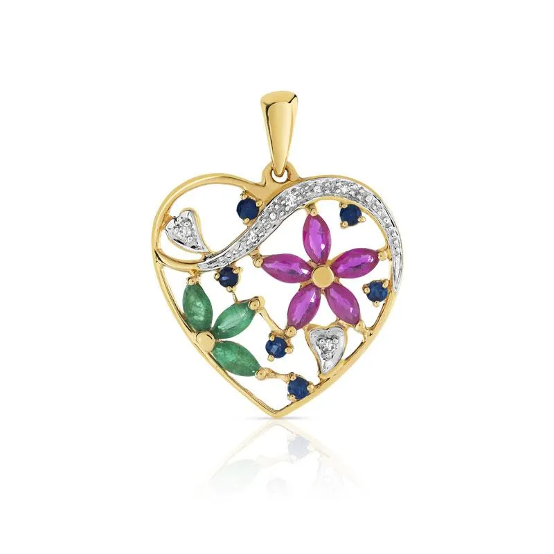 Pendentif or 750 2 tons coeur pierres précieuses et diamants