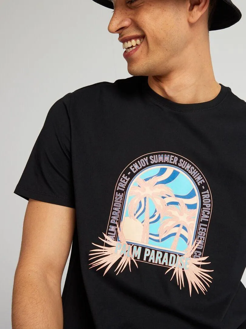 Camiseta de algodón estampada con cuello redondo - NEGRO