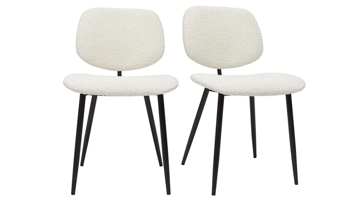 Chaises en tissu effet laine bouclée blanc et métal noir (lot de 2) TOBIAS
