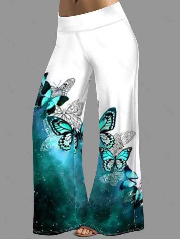 Pantalon Décontracté à Imprimé Papillon en Blocs de Couleurs Taille Moyenne à Jambe Large