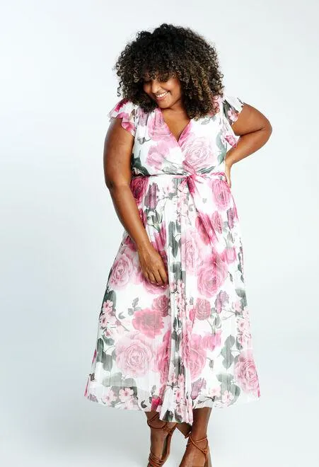 Robe longue plissée à motif floral